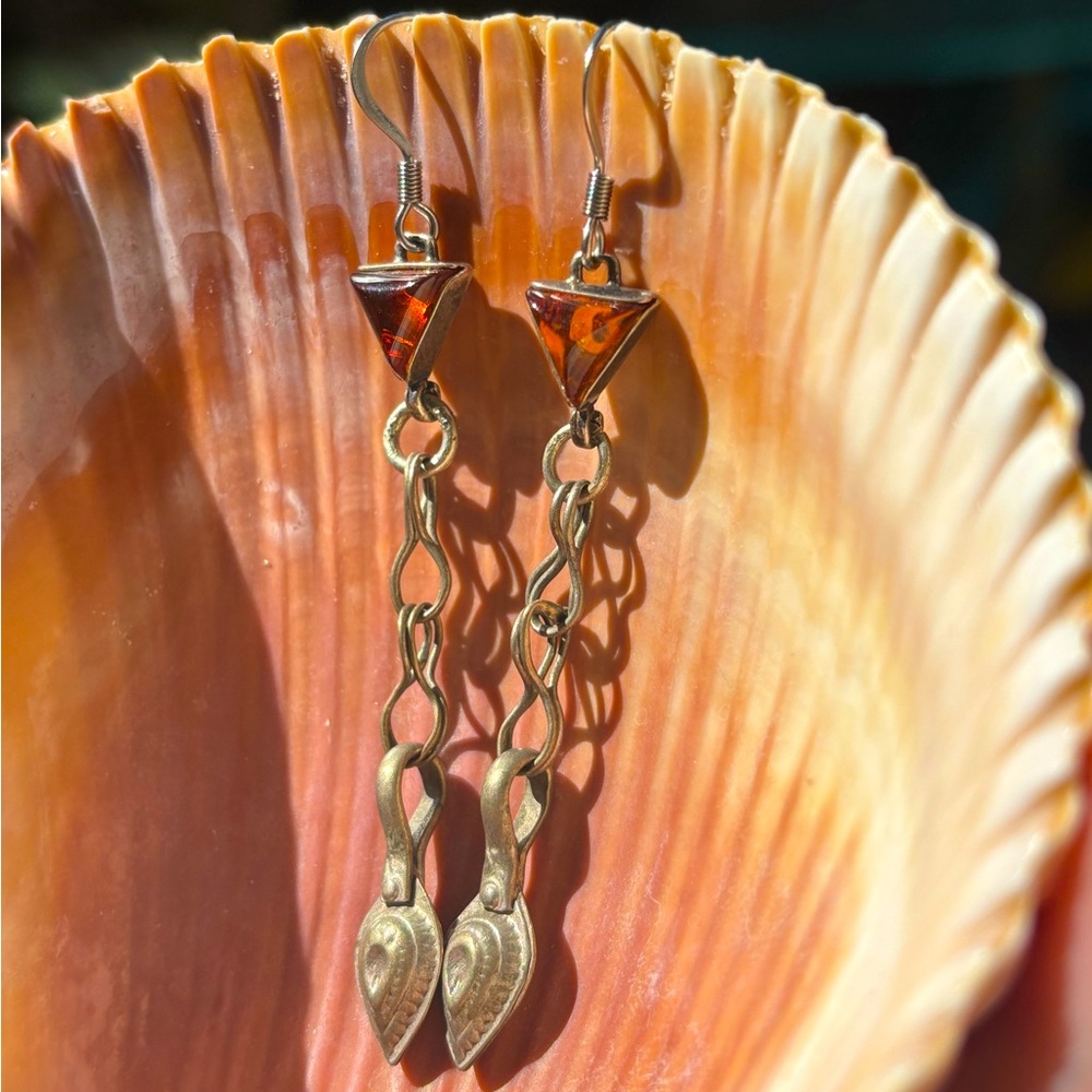 Handmade Vintage Amber in Sterling and Kuchi Mixed Metal Dangle Earrings
